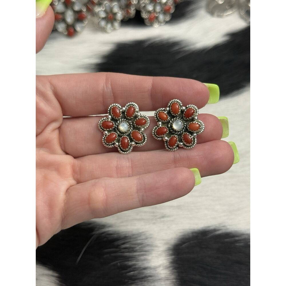 Native American Sterling Silver Red Coral Mother Pearl Cluster Flower Earrings
